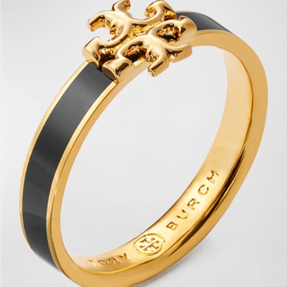 New Authentic Tory Burch Iconic Black Enamel and Gold Ring with Tag; Size 6 - Picture 2 of 10